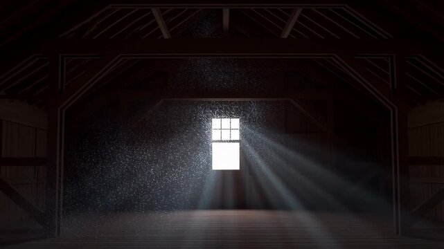 Sunlight streams through dusty barn window creating mystical atmosphere