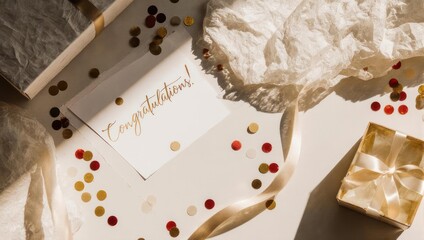 Elegant Congratulations Card with Confetti and Gift Box for Celebrations.
