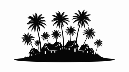 Tropical Island Village Silhouette with Palm Trees. © Jaganchan