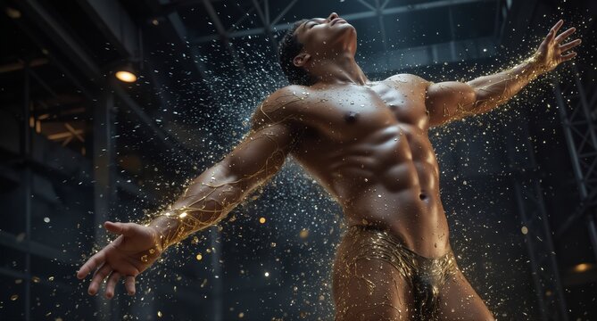 muscular man covered in gold glitter with water droplets in a dynamic pose, studio shot.