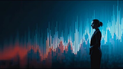 Businesswoman profile with futuristic financial graph, blue and red bar chart, cityscape silhouette, modern technology, rising bar graphs, data visualization, innovation, growth, and determination - Powered by Adobe