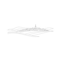 Vintage black line art drawing featuring a vector illustration of an abstract background with a sketch of a ship and a bird in nature