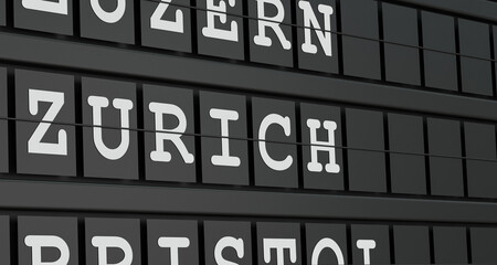 Obraz premium Zurich, Switzerland, travel destination, airport departure board. Tourism, booking, vacation, travel, holiday, journey. 3D illustration