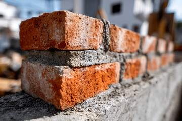 Construction of a brick wall with fresh mortar being applied between the red bricks in a sunny outdoor building site environment