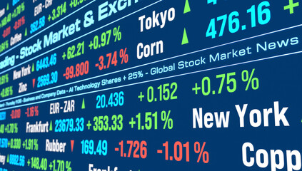 Obraz premium Stock market data, ticker board, currency, equity, commodity prices. Business, trading, investment, risk, exchange, strategy. 3D illustration