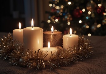 advent wreath with burning candles and blurred christmas tree lights in the background.