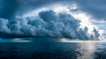 Dramatic storm clouds gathering over dark ocean waters with a visible rain shaft in the distance under a moody and dynamic sky at sunset or sunrise