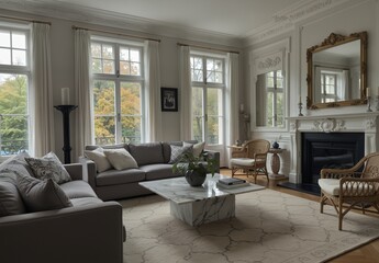 elegant living room interior with large windows, marble coffee table, and classic decor for luxury lifestyle stock photos.