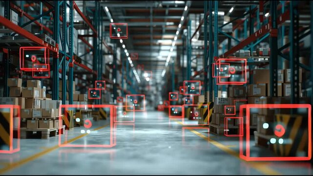 Large industrial warehouse interior with tall shelves, cardboard boxes, advanced automation, digital inventory tracking, efficient logistics, organized storage solutions, and modern aisle shelving