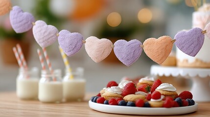 Colorful garland of paper rosettes with heart shapes and pastel colors for festive decor