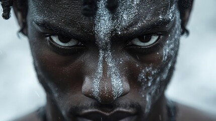 Obraz premium Intense Male Portrait With Silver Glitter On Face Subtle Raindrops Visible Subtle Blurry Background Creates Depth Dark Skin Contrasts With White Glitter Detailed Eyes Focus Intense Stare