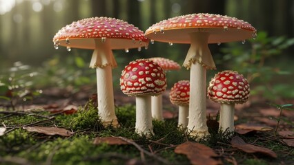 A cluster of vibrant red and white mushrooms in a forest setting with moss and leaves