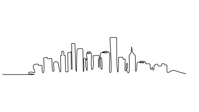 Self drawing animation of Modern cityscape continuous one line drawing. Metropolis architecture panoramic landscape, Modern city in one line on a white background,  New York skyscrapers hand drawn.