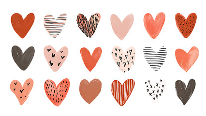 Collection of illustrated hearts in warm tones with black and white patterns, perfect for romantic, wedding, or lifestyle designs