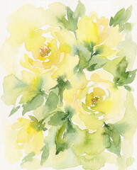 A painting of yellow flowers with green leaves. The flowers are in a field and the background