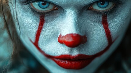 Close up of a terrifying clown with blue eyes and red nose white face paint and red lipstick during Halloween dark lighting scary atmosphere