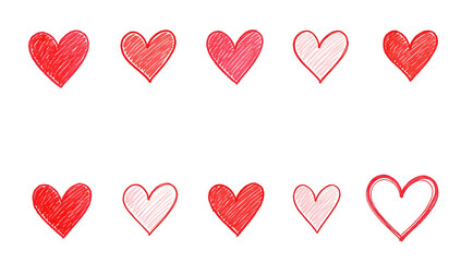 Simple hand-sketched red hearts with pencil-like texture, ideal for minimalist romantic designs and Valentine’s Day themes