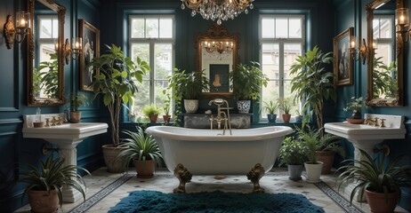 luxurious dark teal bathroom with freestanding tub, ornate mirrors, and abundant houseplants for a spa-like atmosphere.