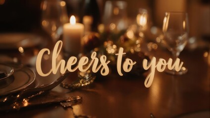 Elegant Dinner Table Setting with Candlelight and Cheers to You Text.