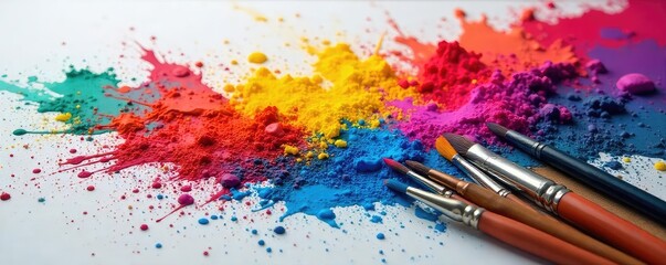 Obraz premium A vibrant paint palette explodes with color, brushes scattered nearby, suggesting an artistic passion in full creation , process, painting, craft
