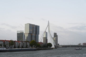 Obraz premium Rotterdam, Häuserfront. Insel Noordereiland, Hochhäuser, Erasmusbrug,