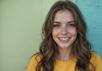 Fototapeta premium beautiful young woman with freckles smiling warmly against a colorful wall.