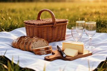 Styled picnic setup with basket and cheese board.