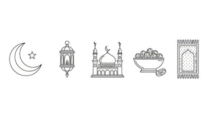 Islamic cultural icons in a simple line art style celebrating faith and tradition