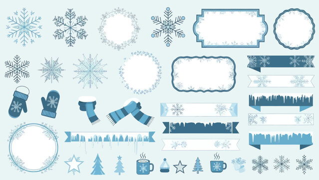 Delicate winter holiday design elements featuring snowflakes, mittens, scarves, and festive frames for seasonal greetings.