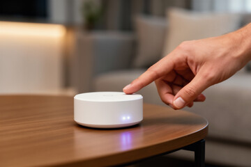 Hand tapping smart home hub device on table.