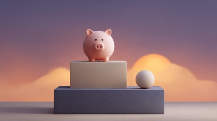 Cute pink piggy bank sitting on colorful geometric shapes against a dreamy sunset background with soft clouds and vibrant colors