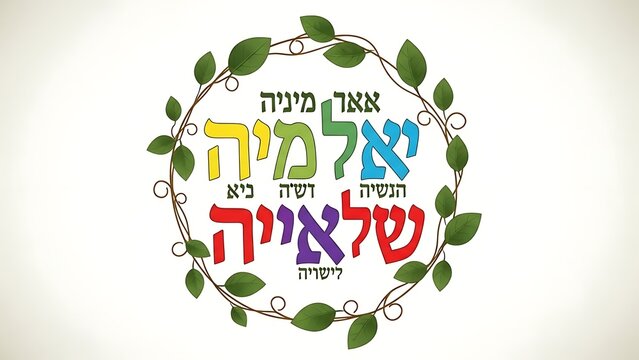 Colorful Hebrew text in a circular leafy frame letters circle