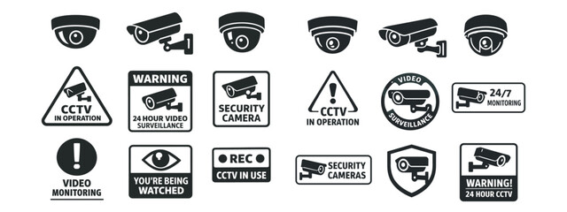 A set of black and white vector icons and symbols related to video surveillance systems (CCTV).