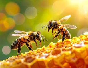 Two honeybees on honeycomb, vibrant sunlight