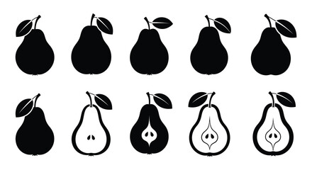 A collection of black silhouette pears arranged in a grid pattern