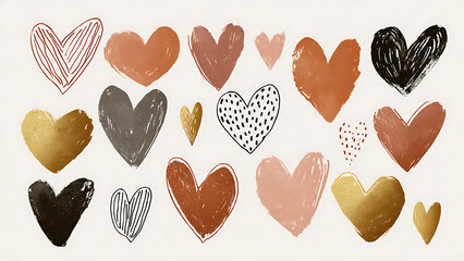 Collection of hand-drawn hearts in earthy tones with textured brushstrokes and dotted patterns on cream background