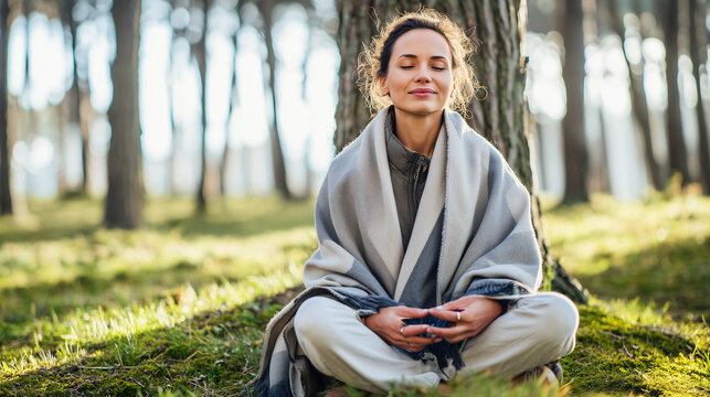 Young Woman Wrapped in Blanket Sitting on the Grass, Meditating in Forest, Mindful Rest and Forest Bathing Shinrin-Yoku Concept.