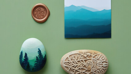 Artistic Still Life Composition Featuring Painted Rocks, a Wax Seal, and a Mountain Landscape Print on a Light Green Wall, Evoking Serenity