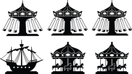 Carousel amusement ride silhouettes set, merry go round icons, fairground entertainment symbols, theme park attraction collection, children fun playground rides illustration