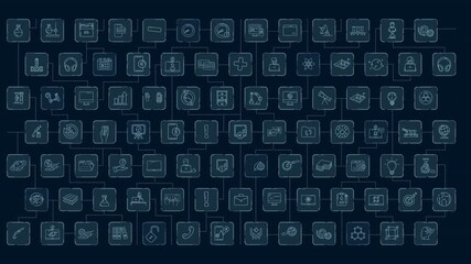 Array of icons symbolizing multiple fields of activity and technology