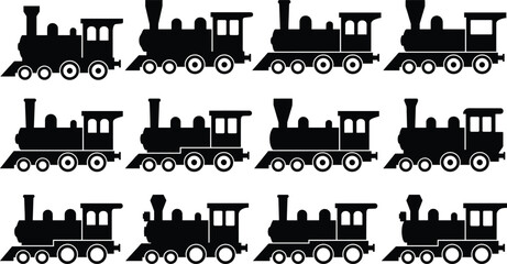 Black steam locomotive silhouettes set, vintage train icons collection, classic railway engine illustrations isolated on white background for transport design projects logos posters branding
