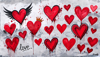 Graffiti-style red hearts with wings, crown, and “love” text on textured concrete wall with paint drips and splatters