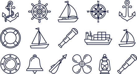 Nautical maritime line icon set, sailing boat, anchor, compass, ship wheel, telescope, lifebuoy, marine navigation symbols, ocean travel design elements