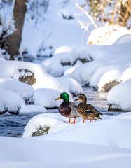 Two ducks on snowy rocks beside a winter stream