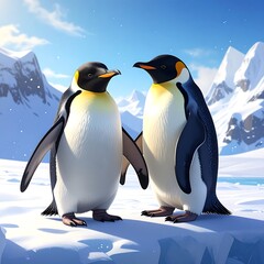 Fototapeta premium Two penguins on ice, sunny day