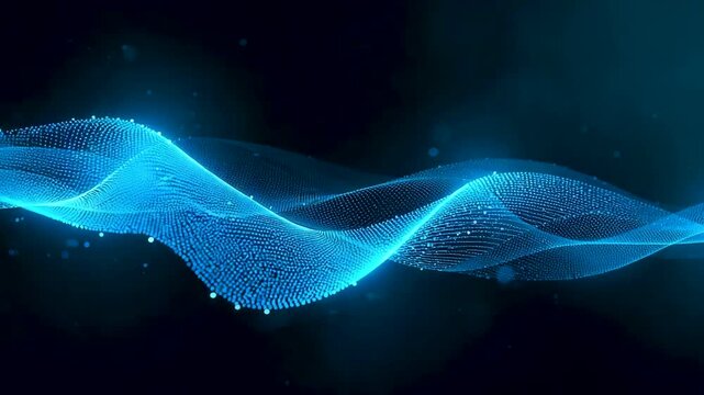 Flowing blue particle waves forming smooth translucent curves across a dark background with scattered glowing points