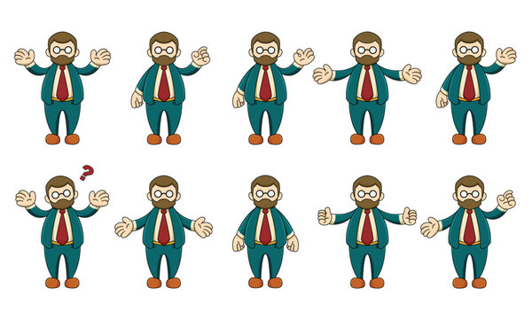 Cartoon Businessman Character Set with Various Poses and Hand Gestures in EPS Vector Format.