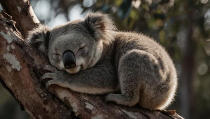 Fototapeta premium Koala sleeping peacefully on a eucalyptus tree branch in Australia.