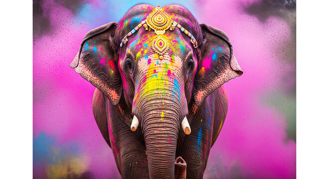 Decorated elephant at the annual elephant festival in India. Picture with copy space for text . Animal covered on holi paints . Travel holi festival