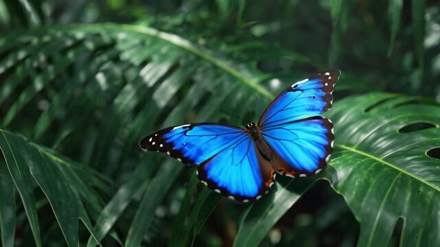 A vibrant blue morpho butterfly glides through a tropical rainforest